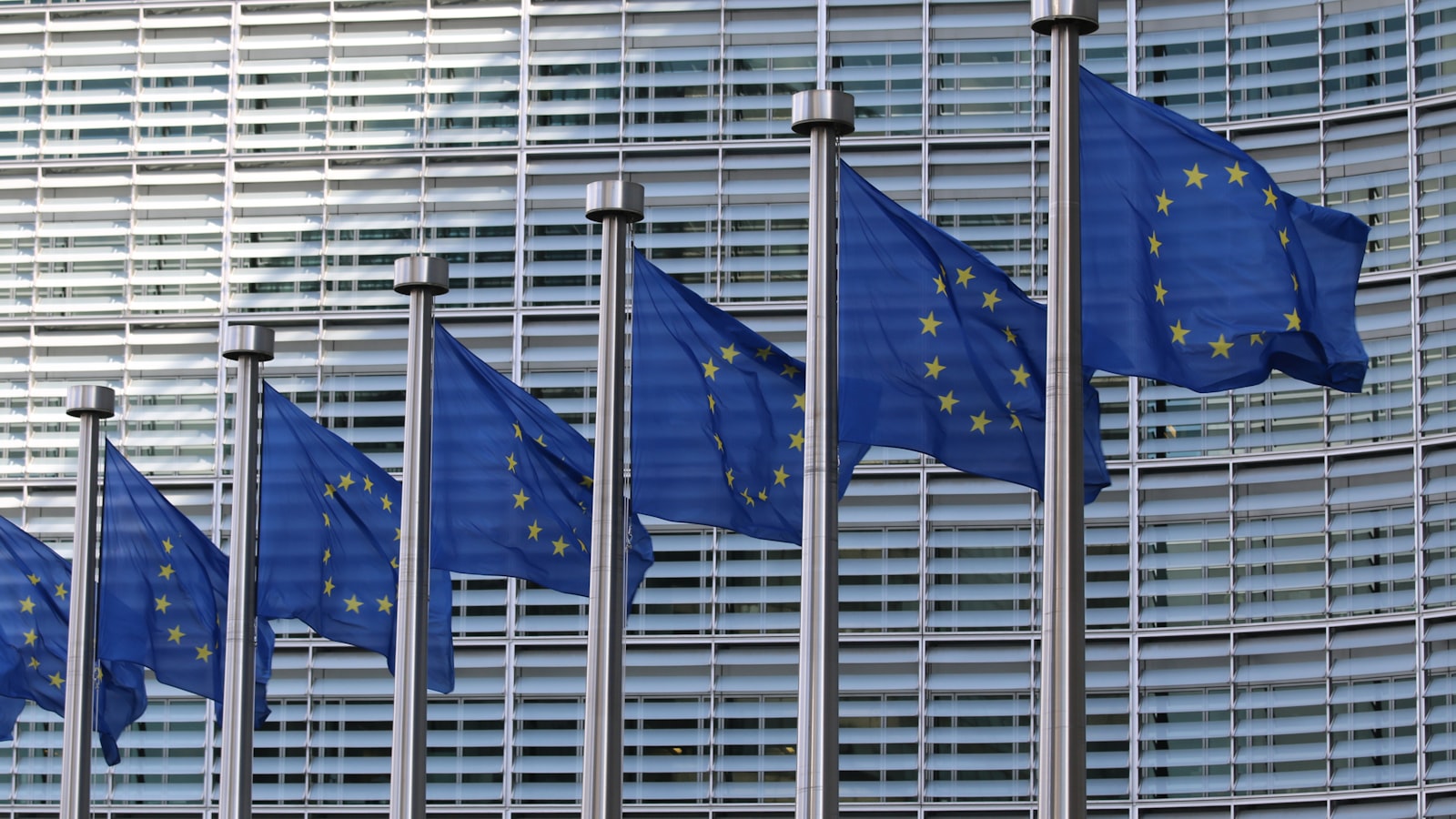 A row of European Union flags outside the EU institutions in Brussels